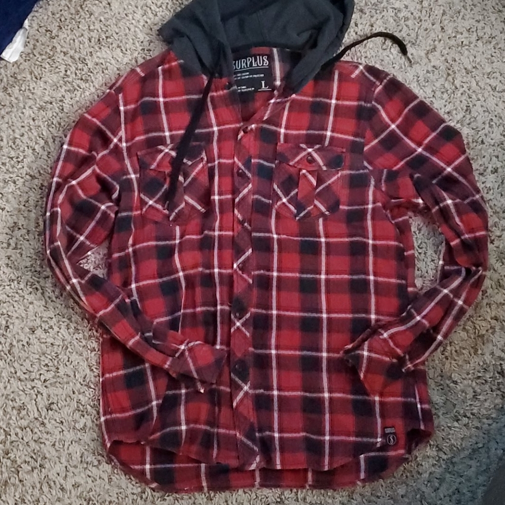 Hooded flannel button up shirt